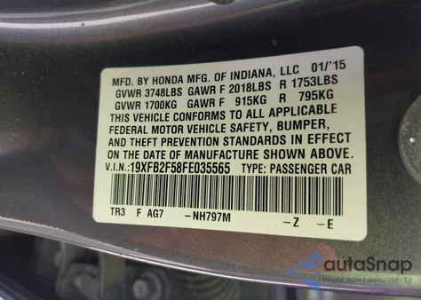 2015 Honda Civic Lx z USA, uszkodzony, nr VIN 19XFB2F58FE035565